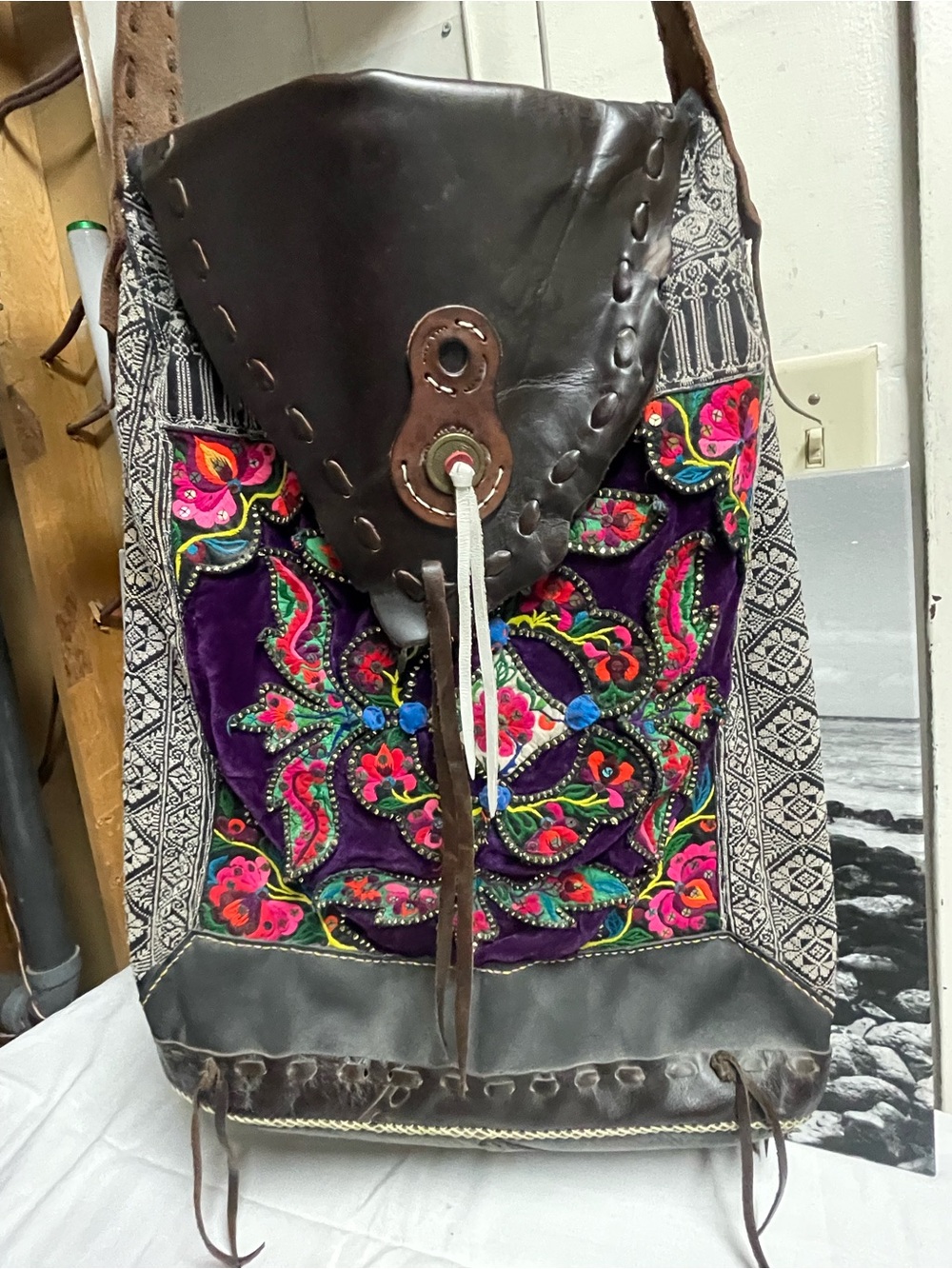 Dazzling Lanna Bohemian Embroidered Purple Velvet Drawstring Shoulder Bag